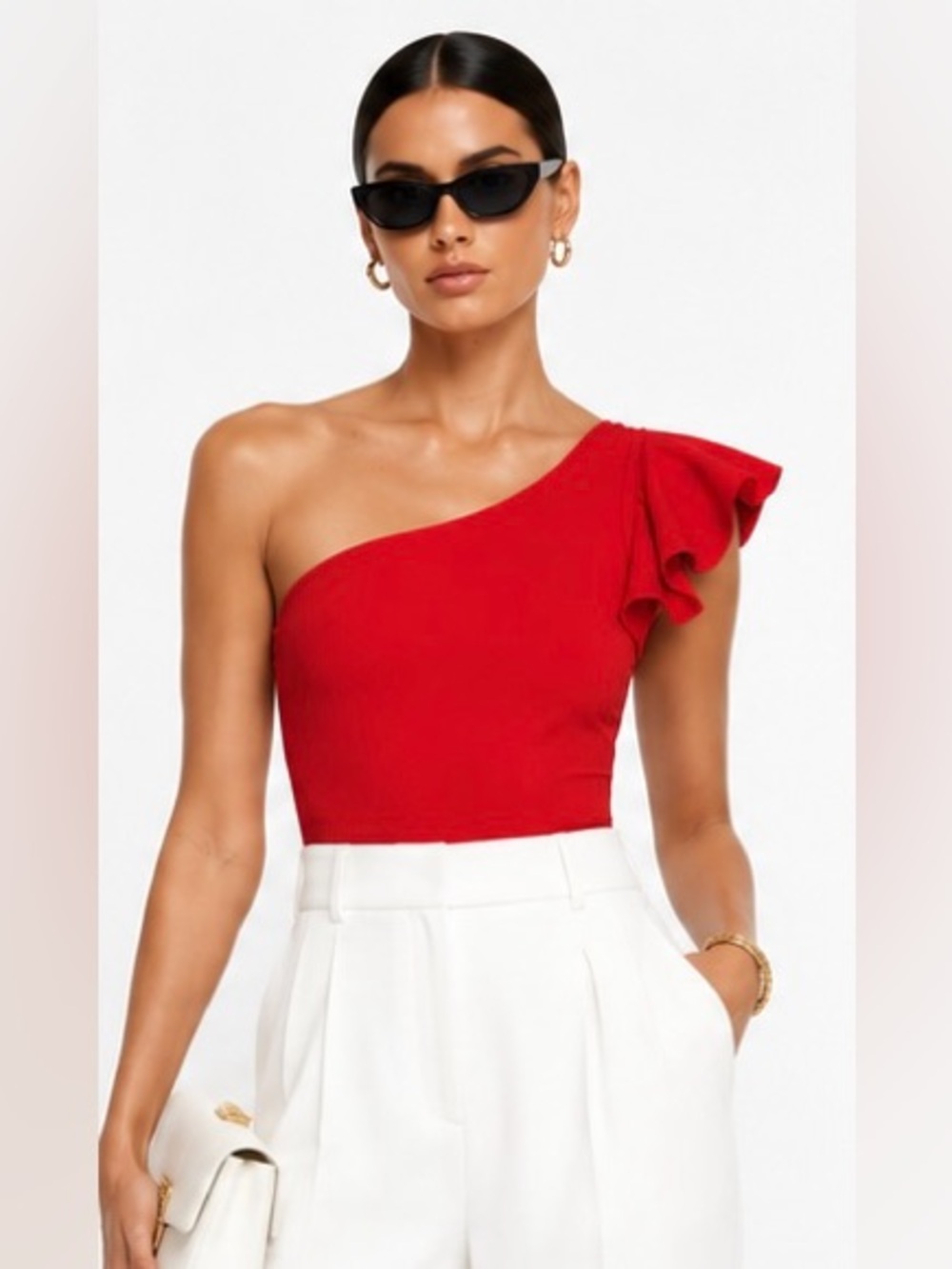 Carbon38 Asymmetrical shoulder Ruffle bodysuit in red